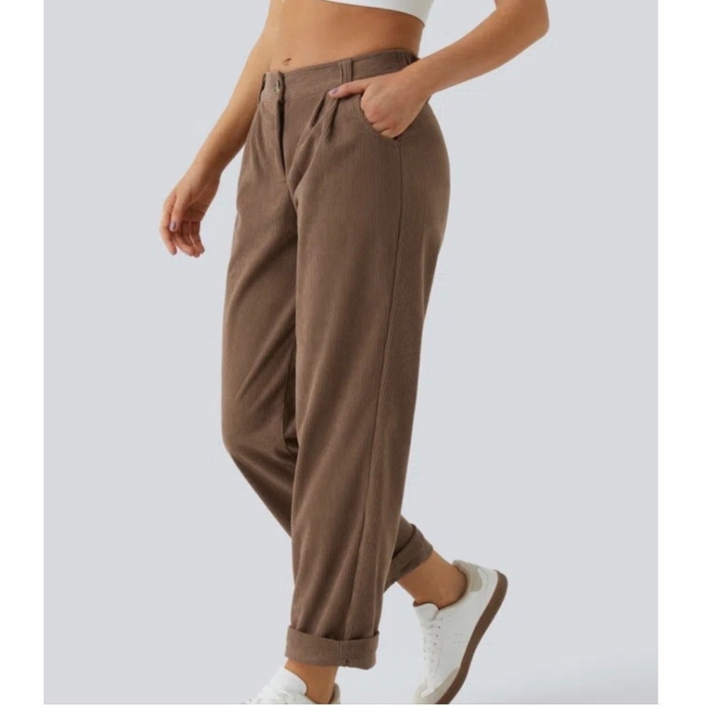 Halara AuraCord Cloud‎ Brown Corduroy Pleated High Waisted Pants Medium NWT